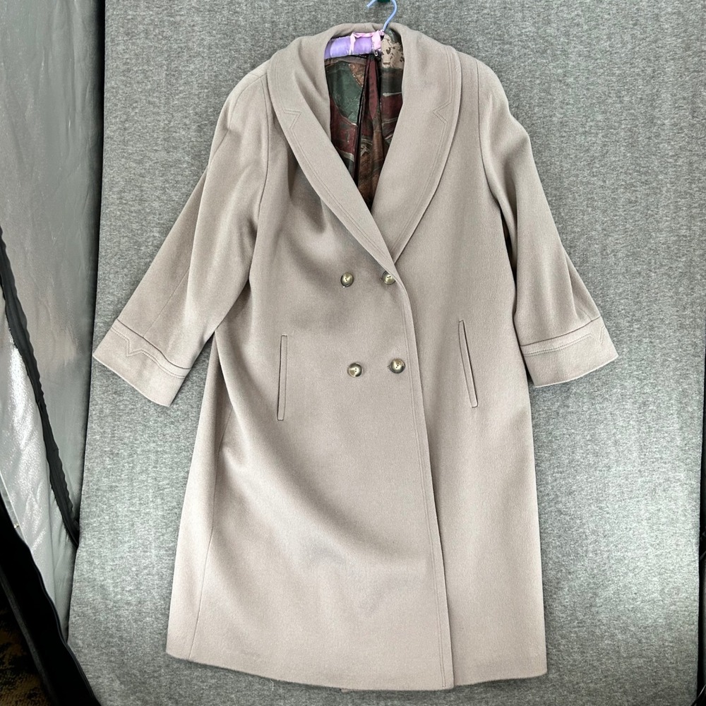 Alorna Vintage Wool Blend Double Breasted Shawl Collar Coat Made in USA Taupe